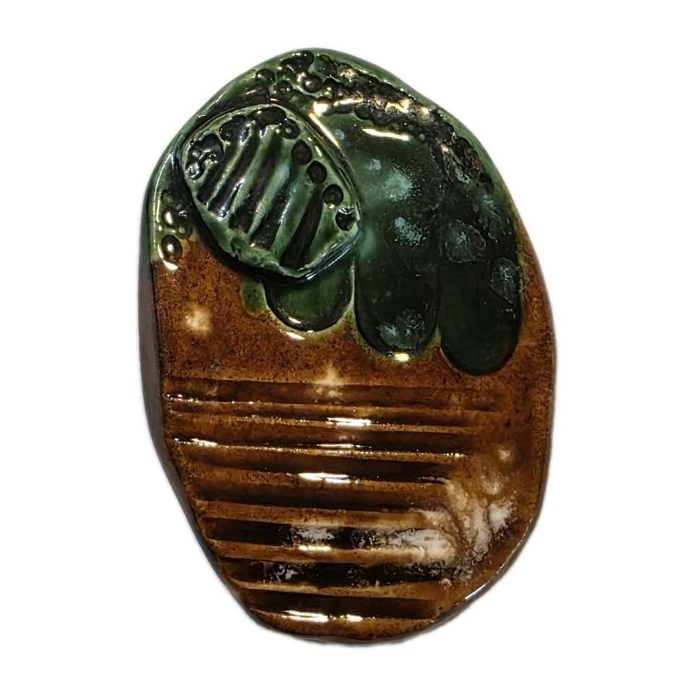 Handmade Ceramic Art Brooch Pin Signed Russell Studio Pottery 80s Abstract Glaze